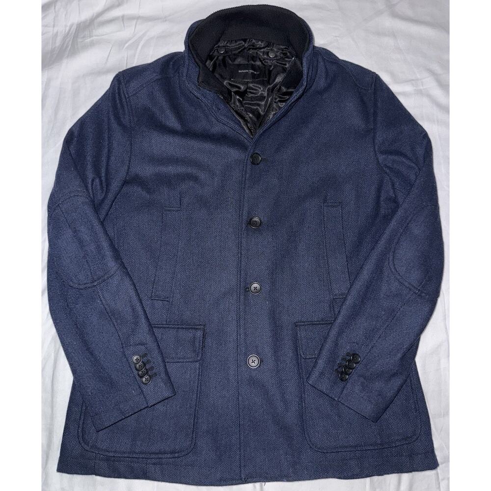 Banana Republic Mens Large Wool Blend Coat Blue Herringbone Car Coat Jacket